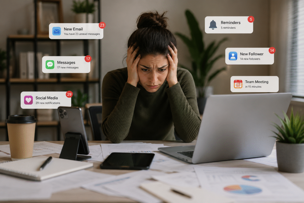 Woman feeling overwhelmed by digital notifications and excessive screen time