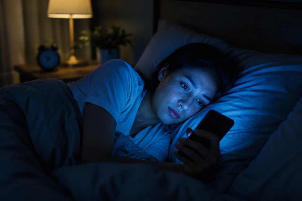 Person using a smartphone in bed at night with blue light affecting sleep quality
