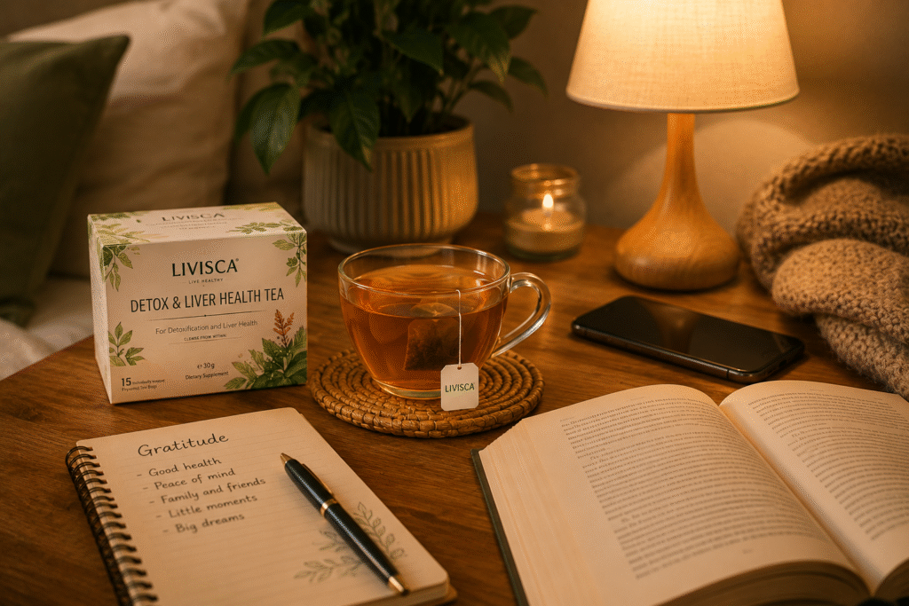 Relaxing screen-free evening routine with Livisca herbal tea, journaling, and reading